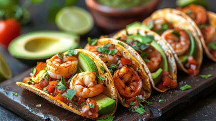 A row of mouthwatering shrimp tacos topped with fresh avocado, pico de gallo, and cilantro, arranged neatly on a dark wooden board for a vibrant presentation.