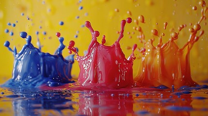 Wall Mural -   Three splashes of water on a yellow and blue background with a splash at the bottom