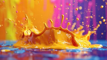 Wall Mural -   A close-up of a yellow liquid splashing onto a blue surface against a multicolored background