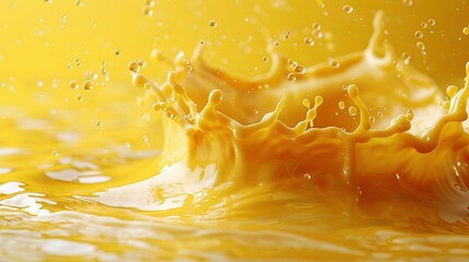 Wall Mural -   A photo showcases a close-up of yellow liquid droplets on its surface, along with water drops on top The background is also yellow