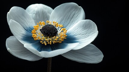 Wall Mural -   A white flower with a blue center and yellow stamen, set against a dark backdrop
