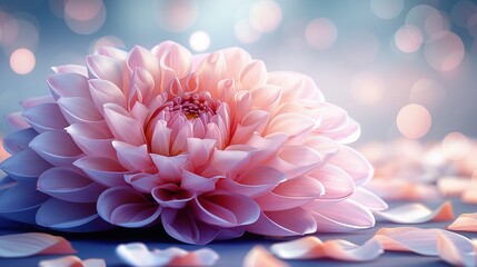 Wall Mural -   A large pink flower with surrounding petals on a blue background, lit by bokeh background lights