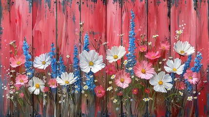 Wall Mural -   A canvas depicting white, pink, and blue blossoms in a vase against a rust-colored wooden backdrop