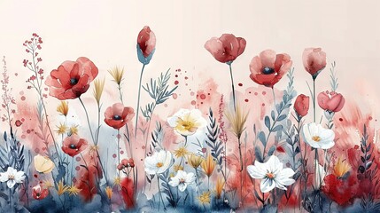 Wall Mural -  Red, white, and blue flowers on pink background with watercolor splash