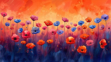 Wall Mural -   A stunning painting depicts a bouquet of vibrant flowers against a backdrop of red, blue, and orange, with an orange sky adding depth to the composition