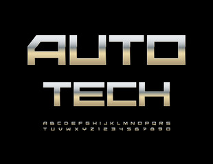 Vector metallic logo Auto Tech. Unique Silver Font. Trendy Steel Alphabet Letters and Numbers set.