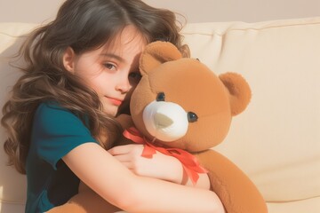 Relaxed girl hugging teddy bear