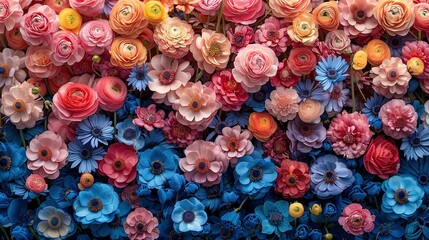 Wall Mural -   A vibrant wall adorned with various hues of flowers in pink, blue, orange, and yellow