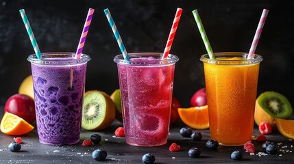 Wall Mural -   Three differently-colored drink glasses holding various beverages sit beside an assortment of chopped fruit and a generous pile of blueberries and kiwis