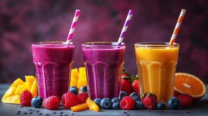 Wall Mural -   Three glasses of smoothie with strawberries, oranges, and strawberries next to each other on a table