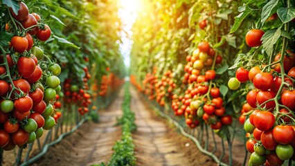 Wall Mural - Lush tomato plantation bursting with ripe fruits, Tomato, plantation, lush, ripe, fruits, bushes, garden, agriculture, organic, fresh