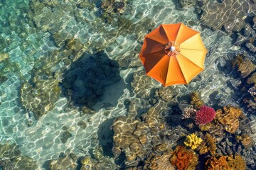 Wall Mural - Aerial view of a vibrant beach umbrella casting a shadow on the clear, shallow sea, with colorful coral reefs visible beneath the crystal-clear water.