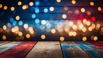 Patriotic red white and blue USA American flag color bokeh lights with rustic wood boards wooden table mockup background