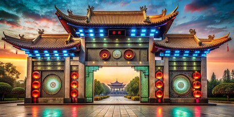 Illuminated Chinese Gateway at Sunset