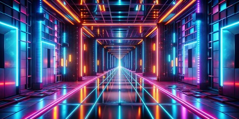 Wall Mural - Futuristic Neon Tunnel with Blue and Orange Lights - 3D Render