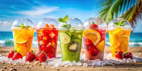 Wall Mural - Colorful cold drinks in plastic cups with ice and fresh fruits on the beach, beach, tropical, summer, refreshing, beverage