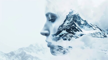 Wall Mural - Double exposure of a divine,ethereal goddess figure overlaying a majestic,snow-capped mountain peak,conveying a sense of faith,purity.