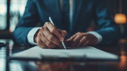 A man in a suit is writing with a pen on a piece of paper