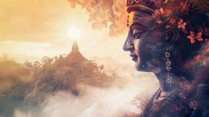 Wall Mural - Ethereal double exposure image blending a Hindu deity and a serene,tranquil landscape,symbolizing the fusion of faith,belief,and the natural world.