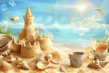 Wall Mural - An enchanting beach clipart showcasing a beautiful sandcastle, beach buckets, and shells, with a clear, sunny sky and calm blue sea in the background.