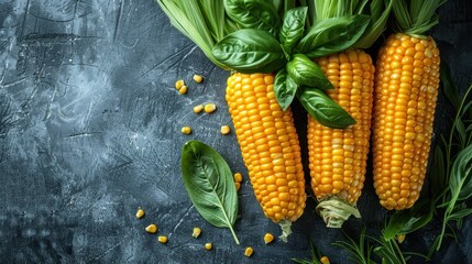 Wall Mural - Three fresh corn cobs with green leaves and some scattered yellow kernels on a dark surface, displaying their natural beauty and freshness, perfect for advertisement.
