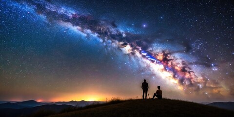 Wall Mural - Two people stargazing on a hilltop at night with the Milky Way in the sky, Stargazing, Hilltop, Night, Stars, Milky Way