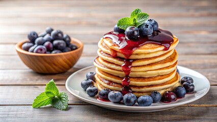 Wall Mural - Delicious pancakes with homemade blueberry sauce and fresh fruit on the side, blueberry, cheese, pancakes, tasty, delicious