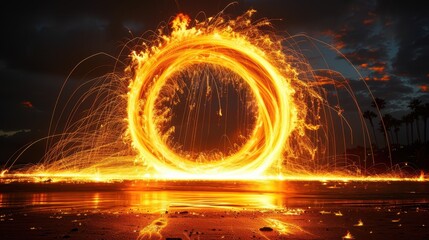 A stunning night photograph capturing a mesmerizing fiery circle made of burning sparks, creating a captivating and dynamic effect against the dark beach background.