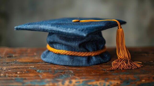 A close-up of a traditional graduation cap with an elegant golden tassel, resting on a rustic wooden surface, symbolizing academic achievement and the culmination of education.