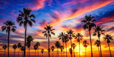 Palm trees silhouetted against a colorful sunset sky, tropical, paradise, vacation, serene, nature, palm fronds, dusk