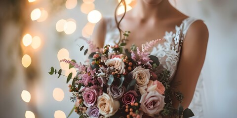 Wall Mural - Luxurious Wedding Lights Illuminate an Elegant Bride with a Boho Bouquet. Concept Wedding Photography, Boho Style, Luxurious Lights, Elegant Bride, Floral Bouquet