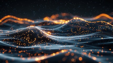 Poster - Abstract Digital Waves with Glowing Particles. Generative ai.