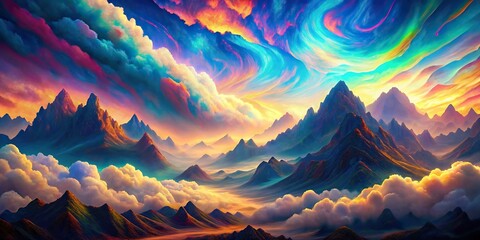 Wall Mural - Psychedelic clouds swirling over pixelated mountains, psychedelic, clouds, pixelated, mountains, surreal, fantasy, vibrant