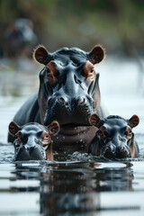 Wall Mural - Young hippo calves wading in the water next to their mothers,