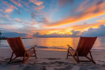 Wall Mural - An idyllic beach scene at sunset, featuring two wooden chairs placed on the shoreline,