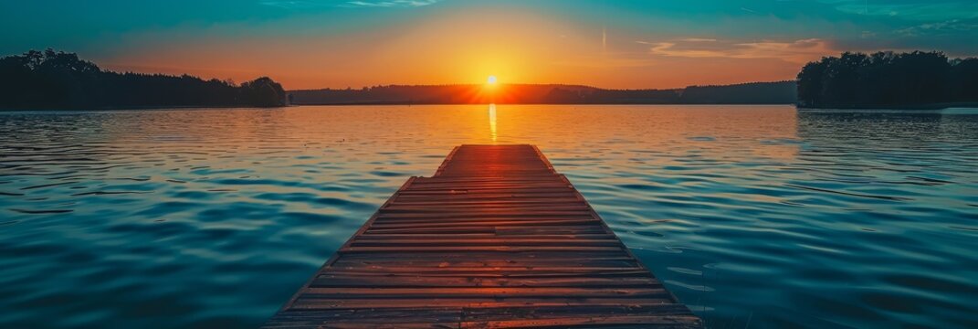 Picturesque summer evening landscape with a tranquil lake,scenic wooden pier,and vibrant orange sunset sky reflecting on the calm water surface.