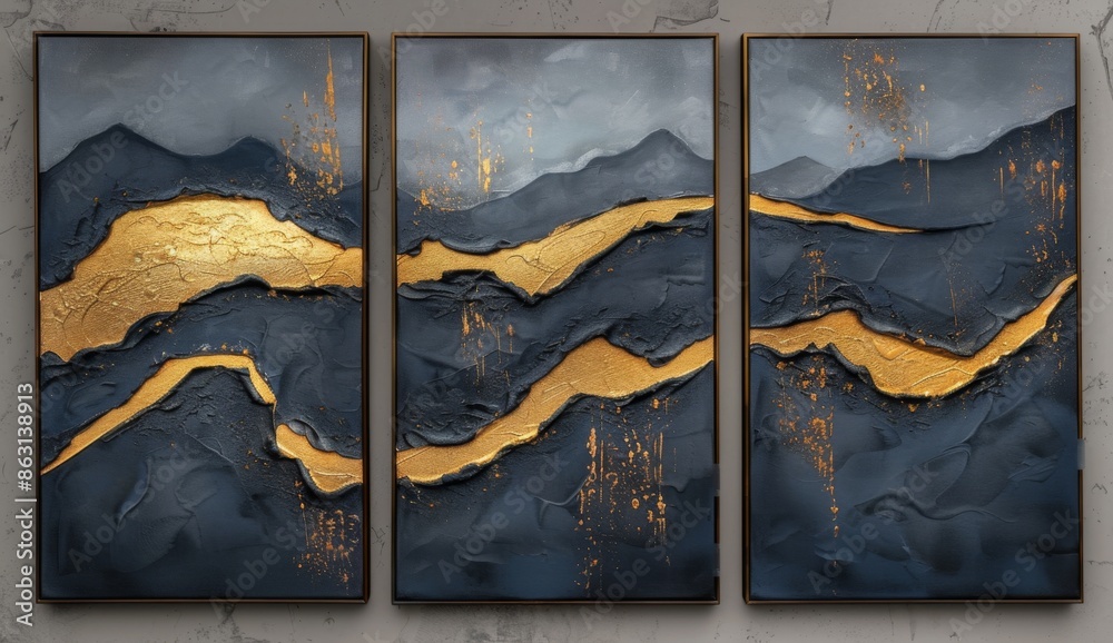 Modern Abstract Blue and Gold Painting Set for Contemporary Home Decor ...