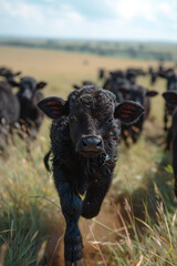 Wall Mural - Baby buffalo calves running alongside the herd in the grasslands,