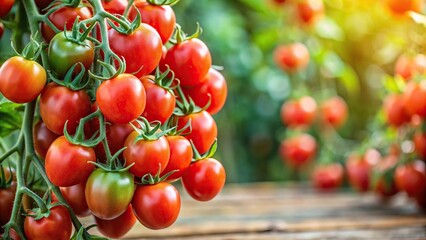 Wall Mural - Plump, ripe cherry tomatoes on the vine, fresh, organic, red, juicy, healthy, food, agriculture, garden, harvest, produce, vibrant