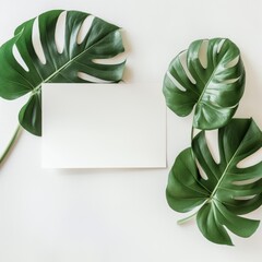 Wall Mural - top view blossoming green monstera leaves branch on white wall with blank mockup paper space summer spring minimal background idea with copy space