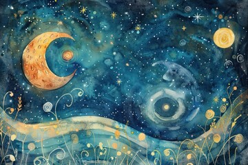 Sticker - An imaginative watercolor painting of a whimsical night sky, with swirling galaxies, sparkling stars, and a luminous moon, creating a mystical and enchanting background.