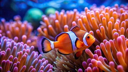 Clownfish swimming among vibrant sea anemones in a coral reef , marine life, underwater world, fish