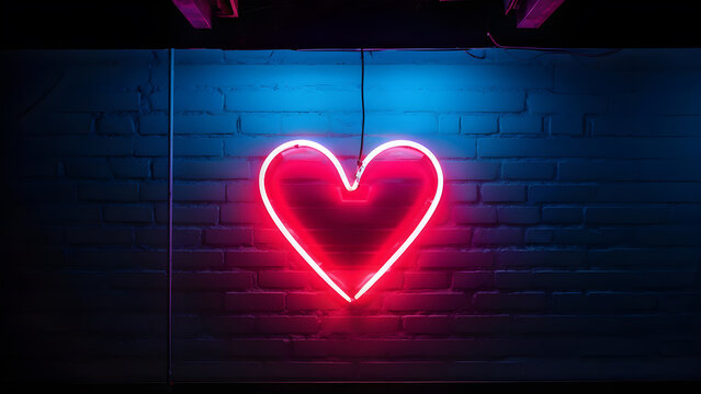 Neon heart. Bright night neon signboard on brick wall background with back light. Retro red neon heart sign. Romantic design for Happy Valentines Day. Night light advertising. Vector illustration.