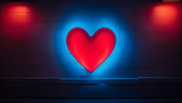Heart Shape Red Neon Light On Black Wall.