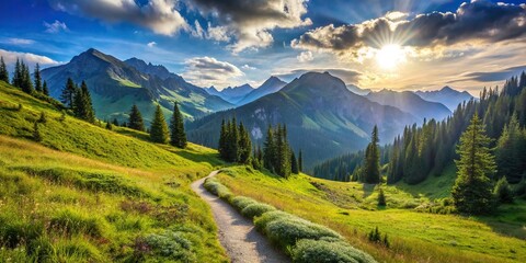 Wall Mural - Summer landscape in mountains with trail isolated, mountains, nature, summer, trail, hiking, wilderness, scenic