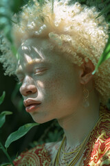 Wall Mural - Person with albinism in a natural setting, highlighting their ethereal appearance,