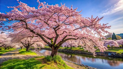 Wall Mural - Blooming cherry blossom tree in Japan, sakura, spring, pink, petals, flowers, season, nature, Japanese, garden, beauty