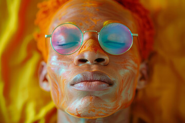 Poster - Person with albinism in a vibrant setting, highlighting the contrast with their skin,