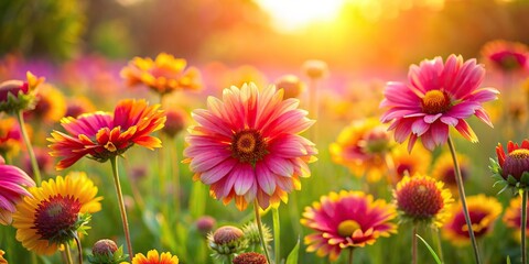 Wall Mural - Close-up of vibrant pink and yellow flowers in a meadow, bathed in soft sunlight, flowers, pink, yellow, vibrant, meadow, soft