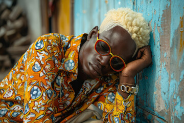 Poster - Person with albinism in a vibrant setting, highlighting the contrast with their skin,